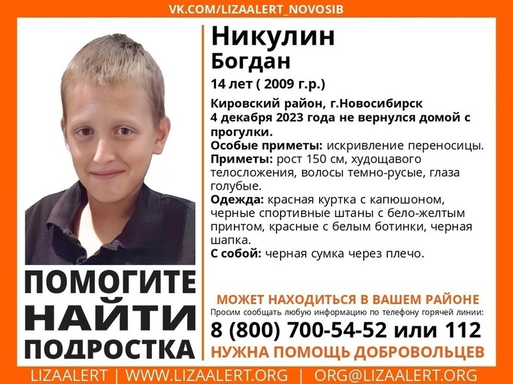 В Новосибирске 14-летний подросток ушел на прогулку и пропал без вести