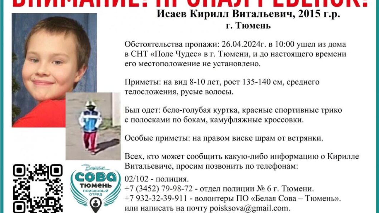 В Тюмени нашли пропавшего восьмилетнего мальчика со шрамом на виске -  SibMedia.ru